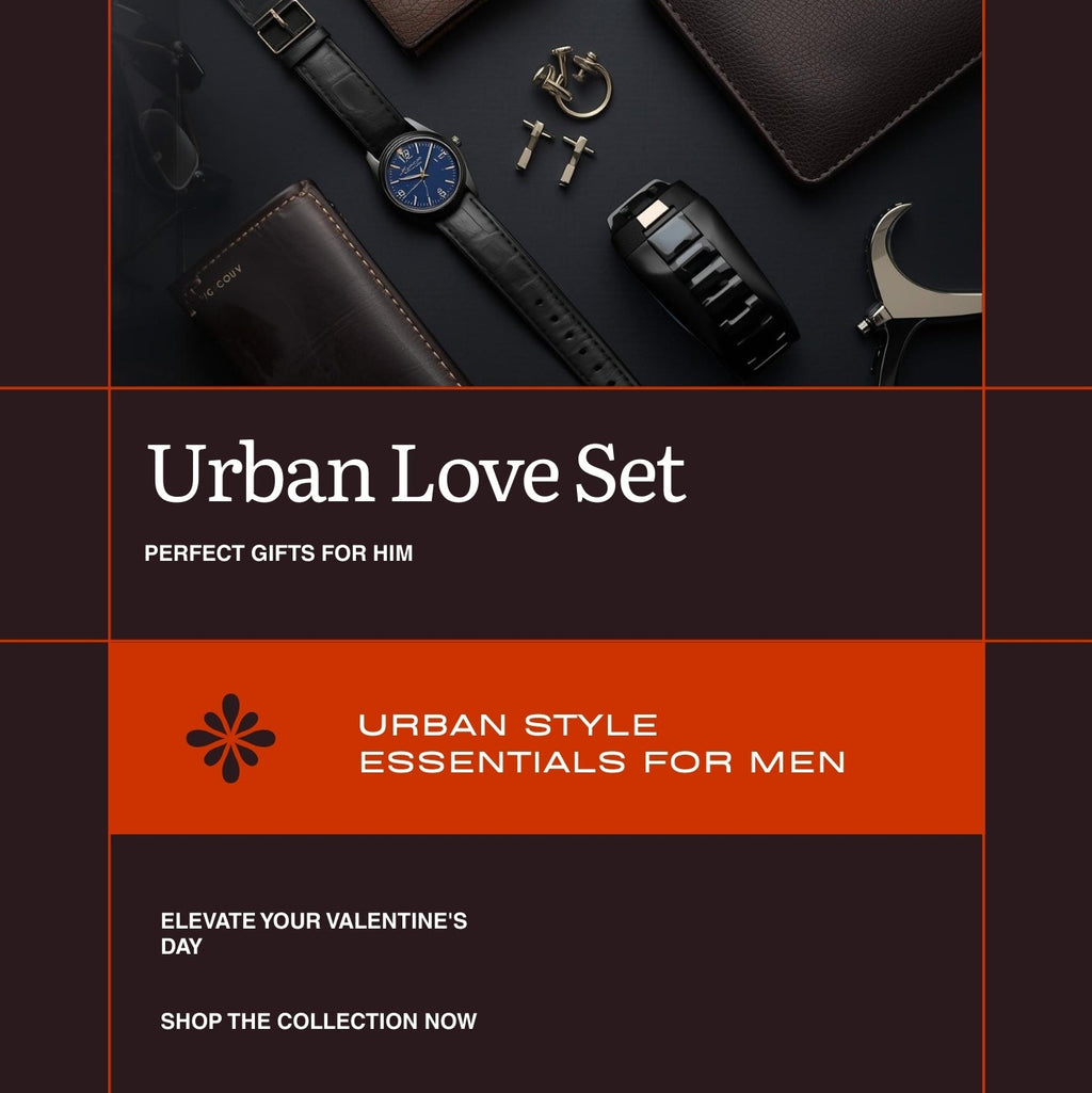 Promotional graphic for 'Urban Love Set' with men's accessories on a dark background.