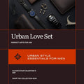Promotional graphic for 'Urban Love Set' with men's accessories on a dark background.