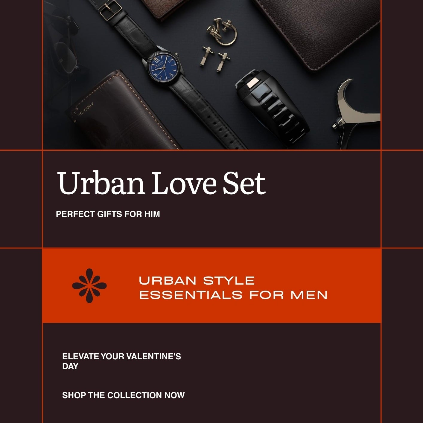 Promotional graphic for 'Urban Love Set' with men's accessories on a dark background.