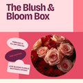 Promotional graphic for 'The Blush & Bloom Box' with a bouquet of flowers and special offer text on a pink background.