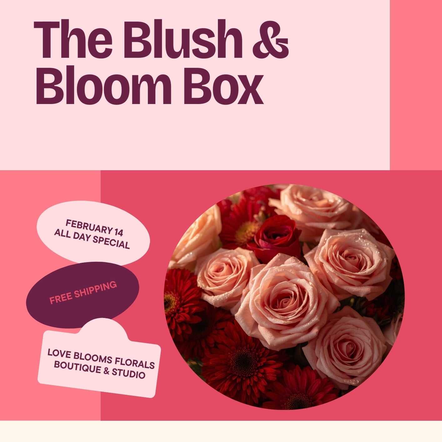 Promotional graphic for 'The Blush & Bloom Box' with a bouquet of flowers and special offer text on a pink background.