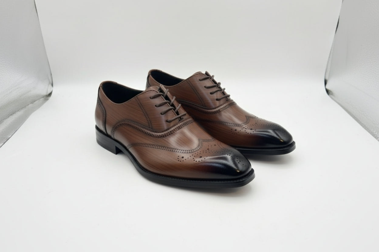 Brown dress shoe held by a hand with a brand box in the background