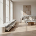 White marble-textured kitchen cabinets on a red floor