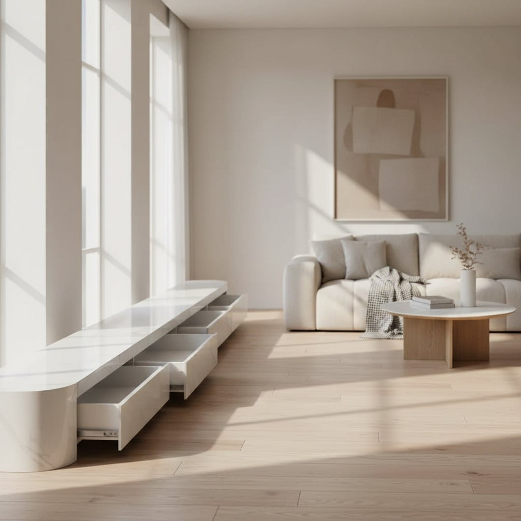 White marble-textured kitchen cabinets on a red floor