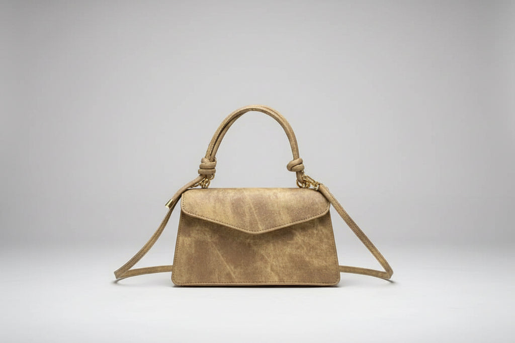 Gold handbag with a strap on a white surface