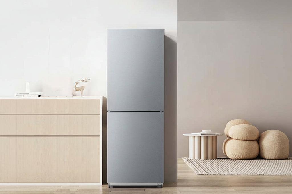 Silver refrigerator in a modern room with text on the wall