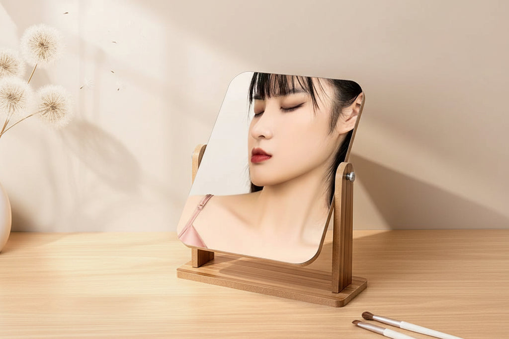 Makeup mirror on a wooden surface with a blurred background