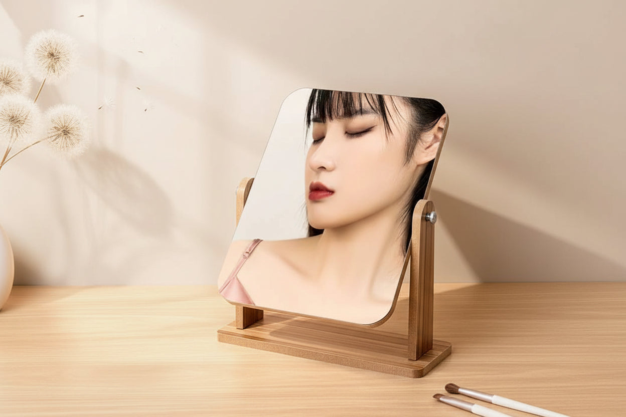 Makeup mirror on a wooden surface with a blurred background
