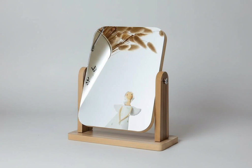 Wooden mirror with a decorative design on a stone wall background