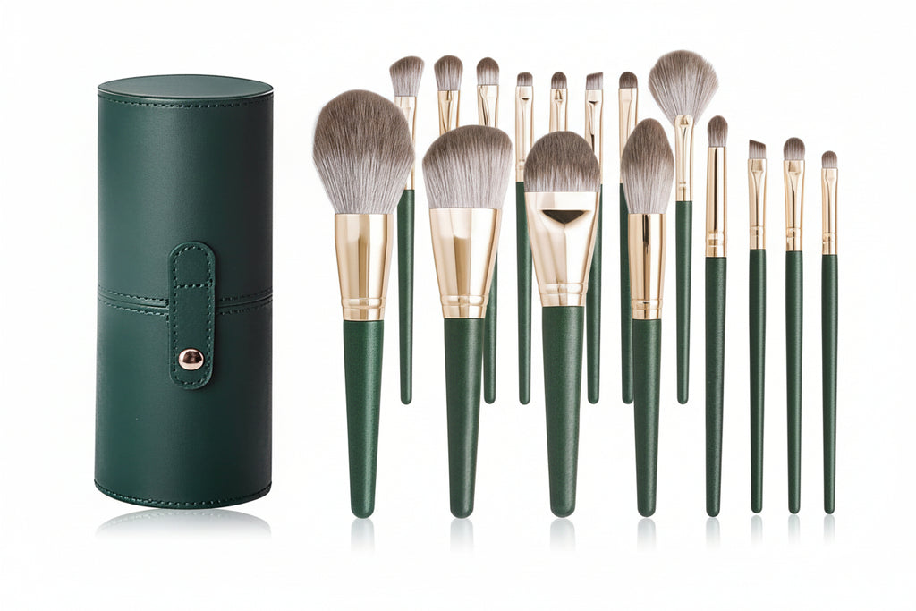 Set of makeup brushes with green handles and a black cylindrical holder on a white background.