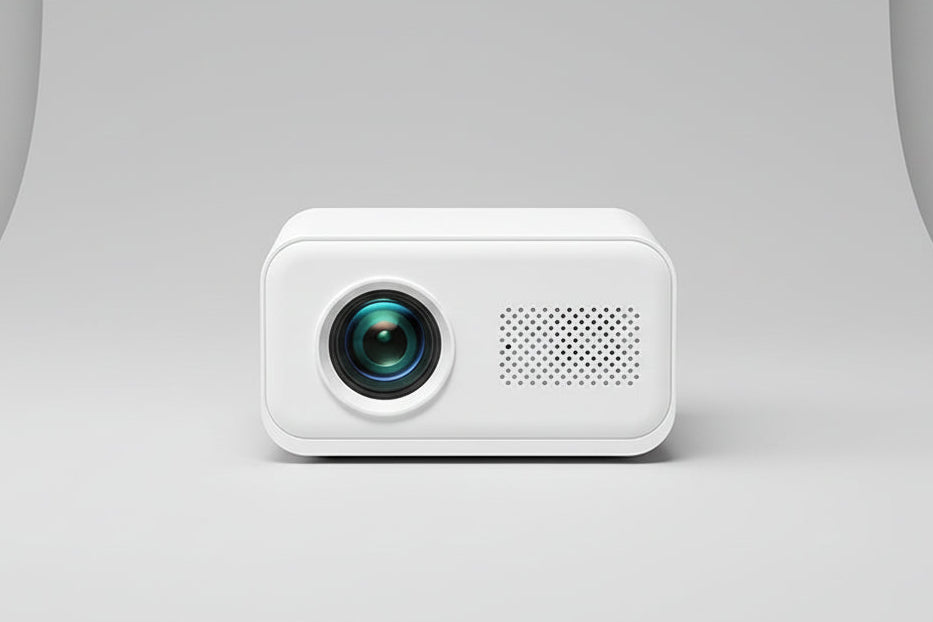 White projector on a decorative stand with text and icons on a dark background