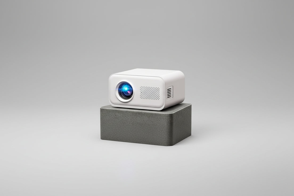 White projector on a gray platform with red and white text in the background