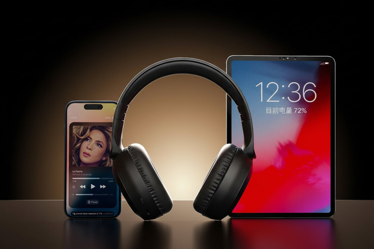 Black headphones with a smartphone and tablet on a dark background