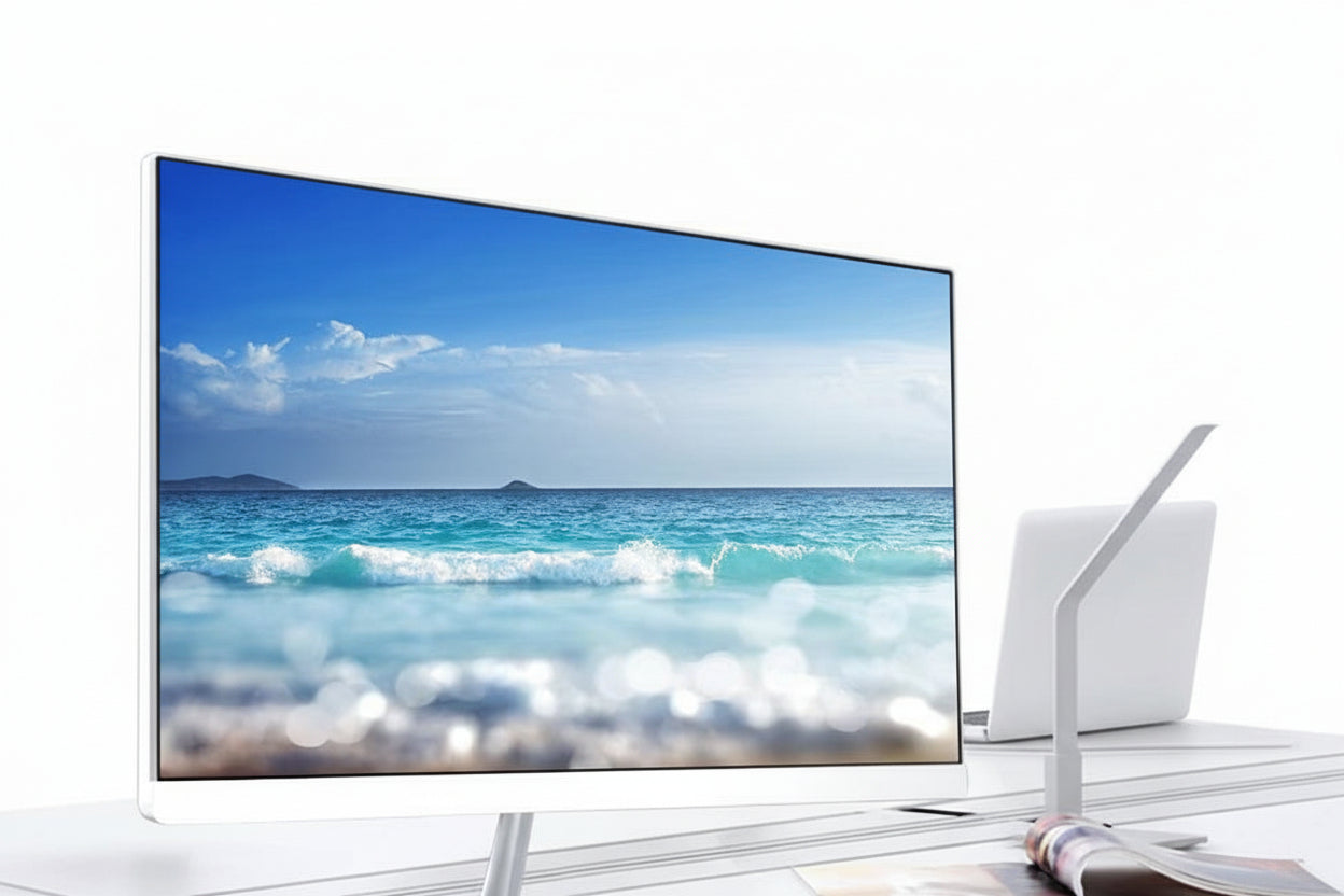 Modern office setup with a large monitor displaying a beach scene, surrounded by office furniture.