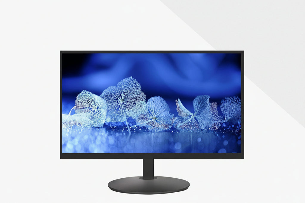 Computer monitor with blue flower design on screen