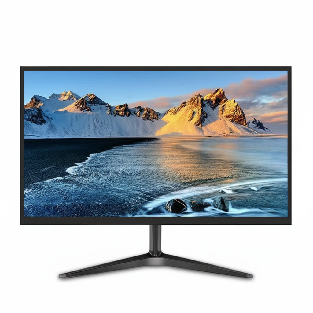 Monitor displaying a scenic wallpaper of a mountain landscape