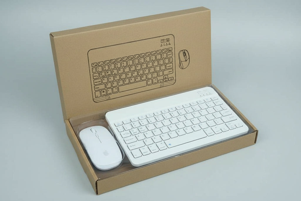 White keyboard and mouse set on a cardboard stand with a keyboard illustration.