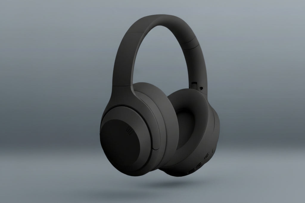 Black wireless headphones with feature text on a gray background