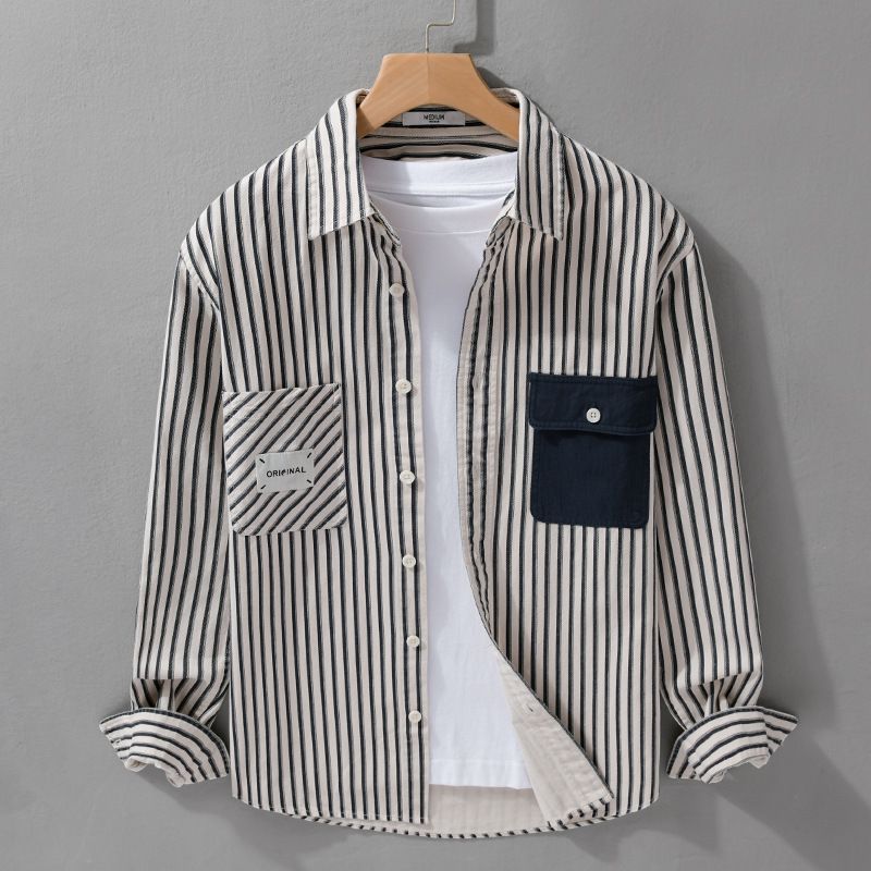 Men's Black and White Stiped Casual Long Sleeve Shirt