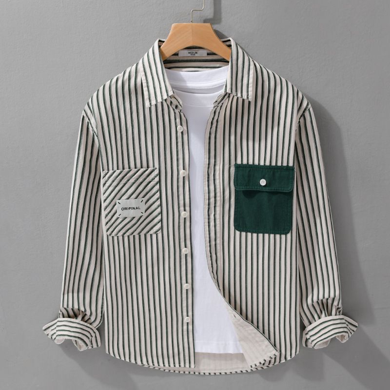 Men's Black and White Stiped Casual Long Sleeve Shirt