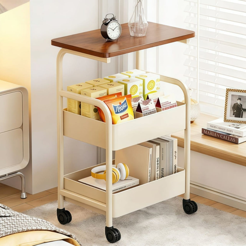 Beige rolling cart with wooden top in a room setting