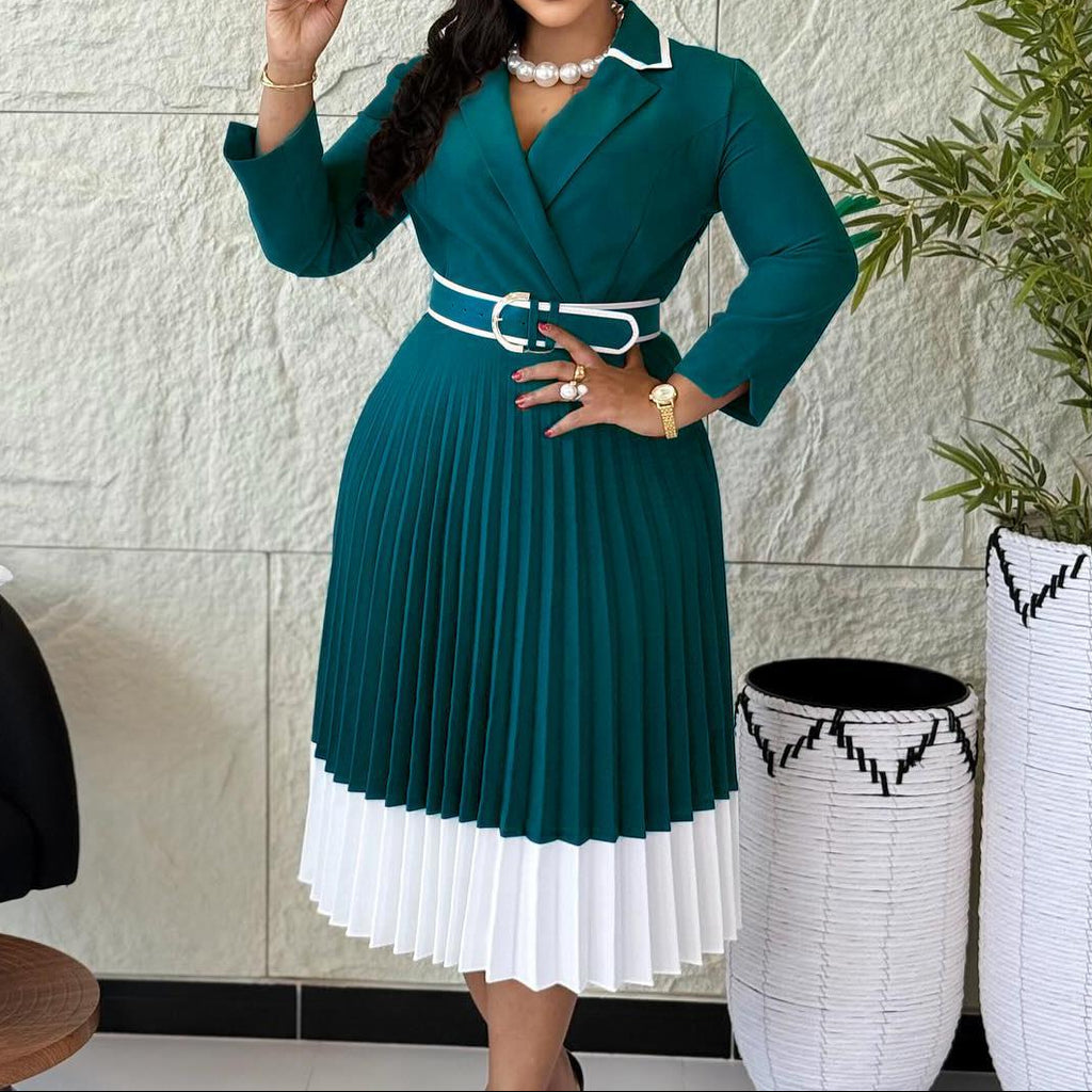 Women's Elegant Pleated Dress with Lapel Collar