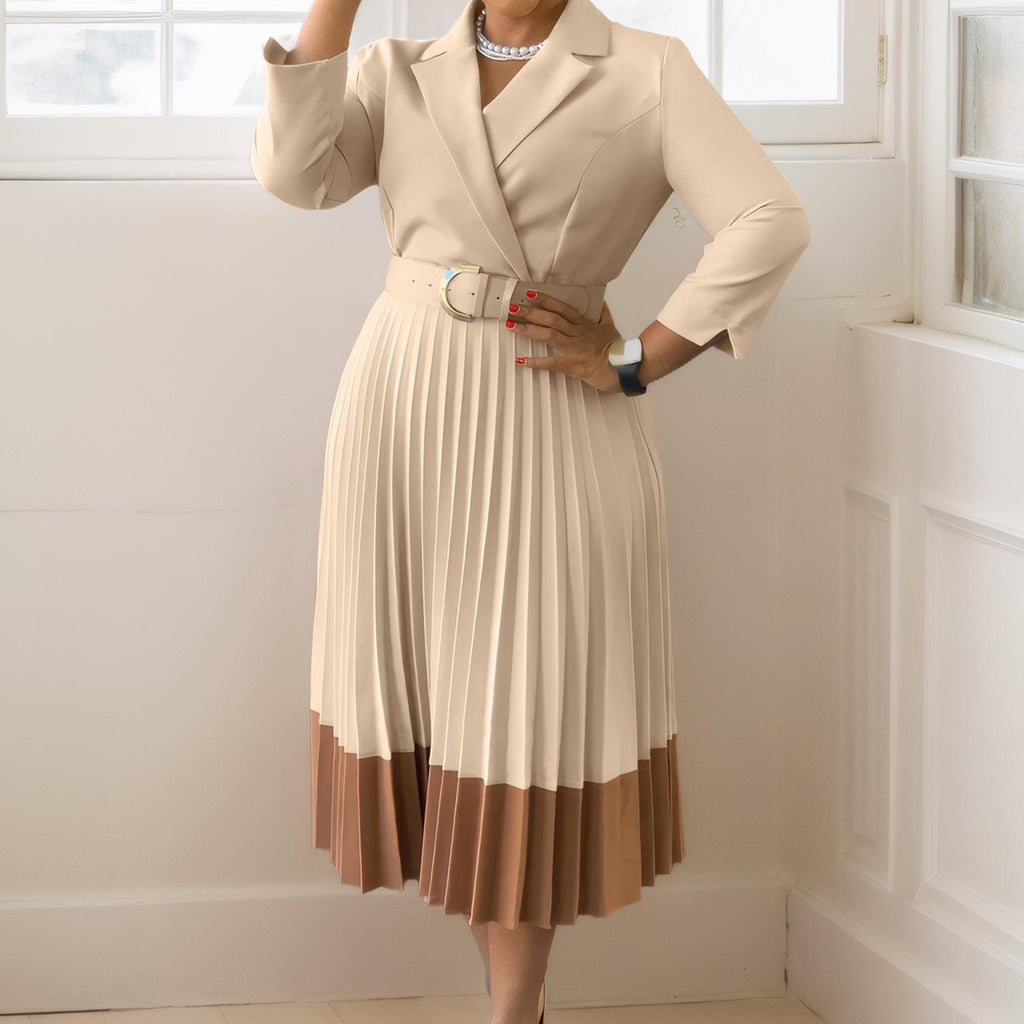 Women's Elegant Pleated Dress with Lapel Collar