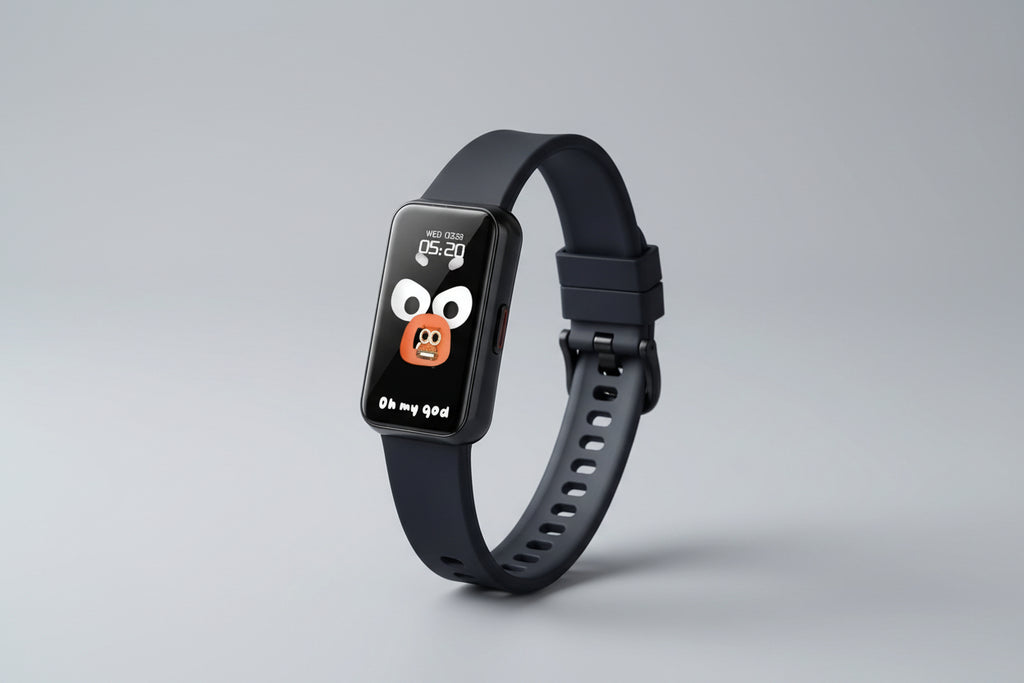 Smartwatch with a black strap held by a hand, displaying a cartoonish face on the screen.
