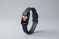 Smartwatch with a black strap held by a hand, displaying a cartoonish face on the screen.
