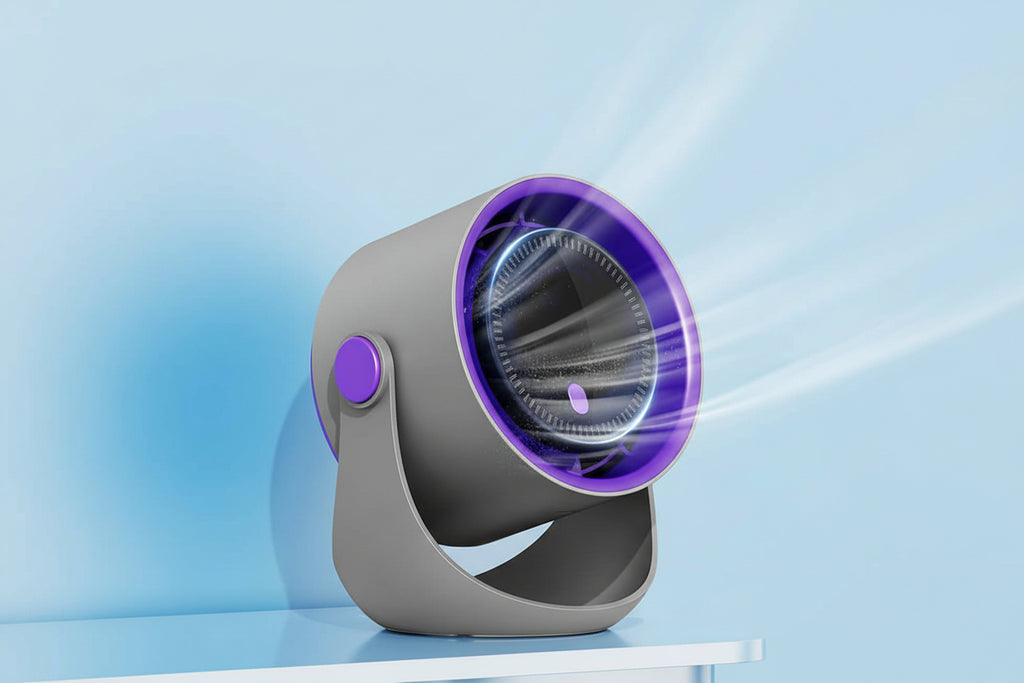Portable fan with digital display on a blue gradient background