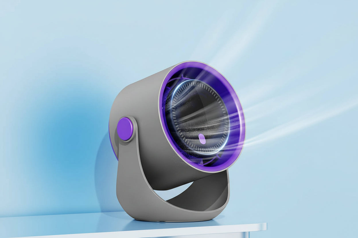 Portable fan with digital display on a blue gradient background