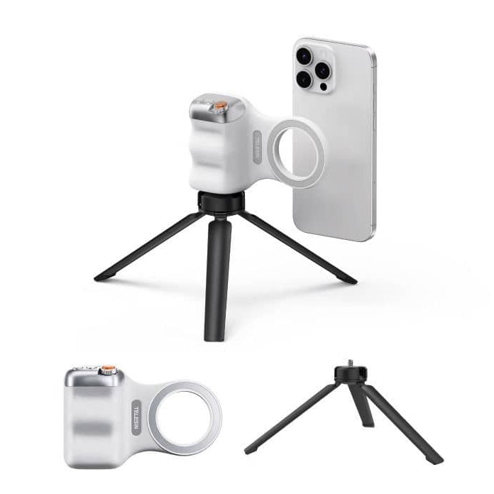 Phone holder with mini tripod and smartphone on a white background