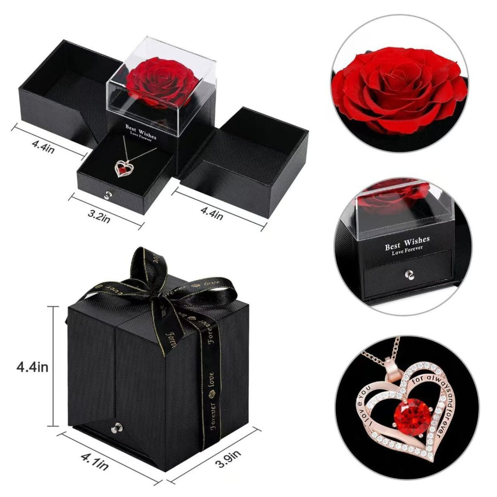 Black gift box with red rose and heart-shaped pendant, including measurements and close-up details.