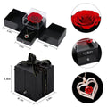 Black gift box with red rose and heart-shaped pendant, including measurements and close-up details.