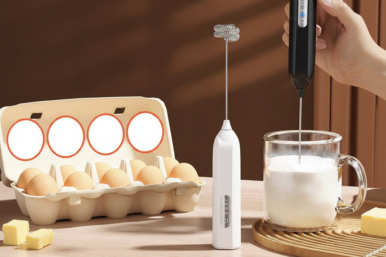 Handheld milk frother with a glass of milk being frothed on a wooden surface.