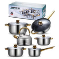 Set of cookware with lids and handles on a white background, featuring a brand box in the background.