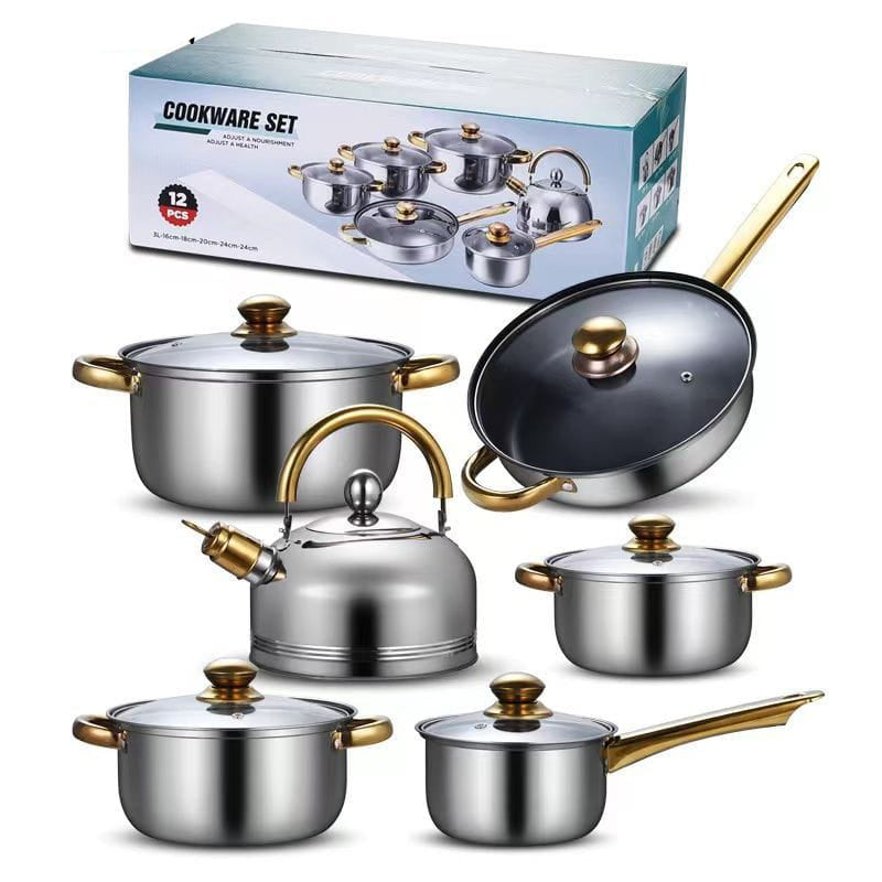 Set of cookware with lids and handles on a white background, featuring a brand box in the background.