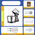 Electric mixer with accessories on a blue and yellow background