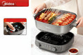 Midea electric grill with food being cooked, featuring text in Chinese about its features and warranty.