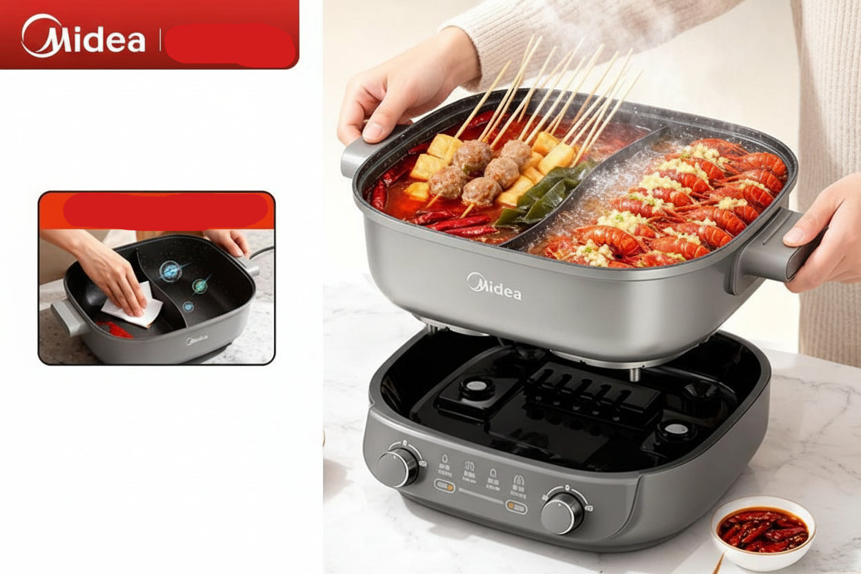 Midea electric grill with food being cooked, featuring text in Chinese about its features and warranty.