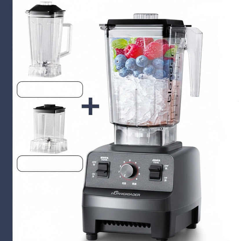Blender with various attachments on a white background, featuring text in Chinese.