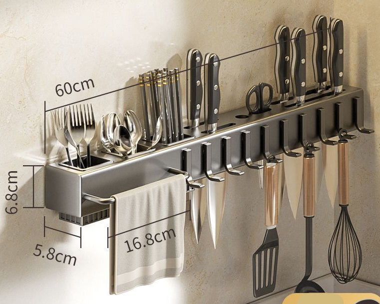 Wall-mounted kitchen utensil holder with measurements and product details.