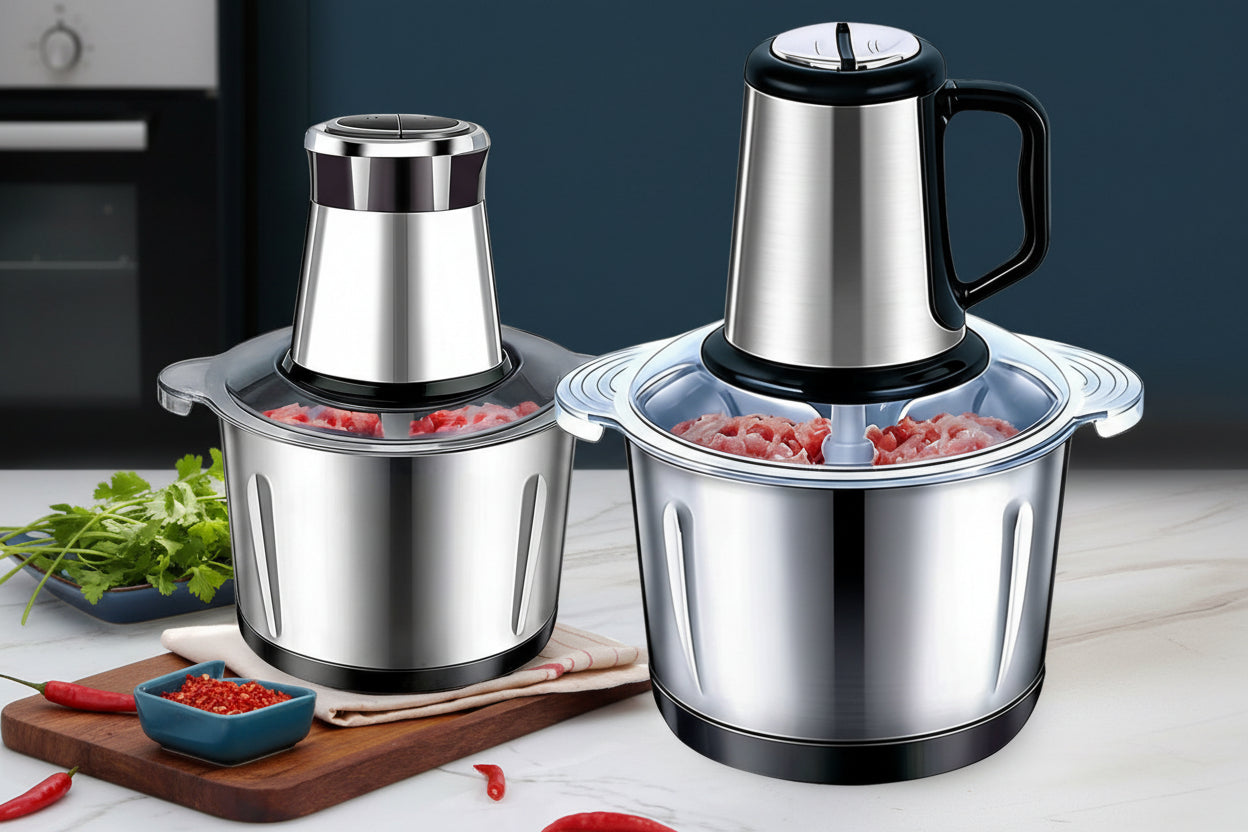 Two stainless steel food processors on a white background with text in Chinese.