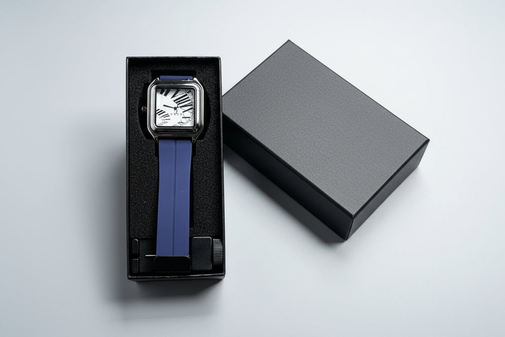 Watch with blue strap held in a black box on a dark textured background