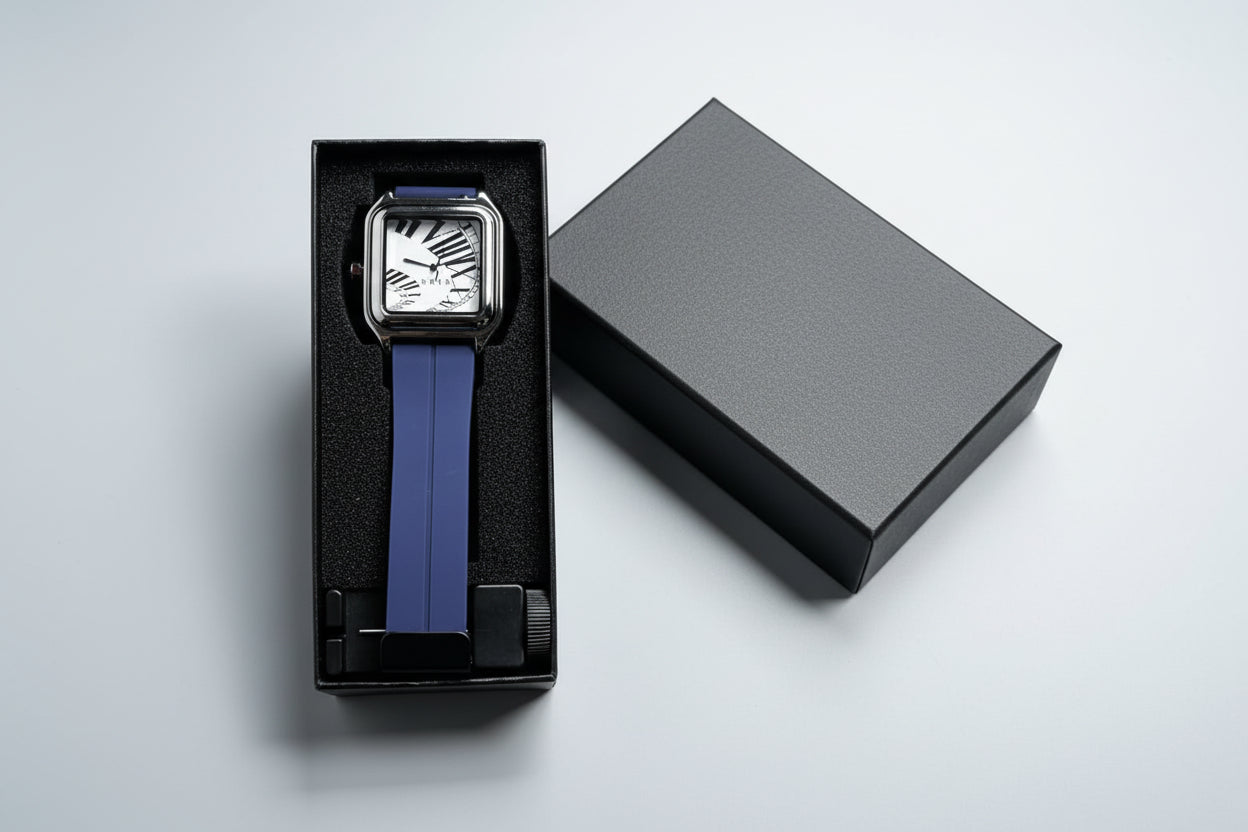 Watch with blue strap held in a black box on a dark textured background