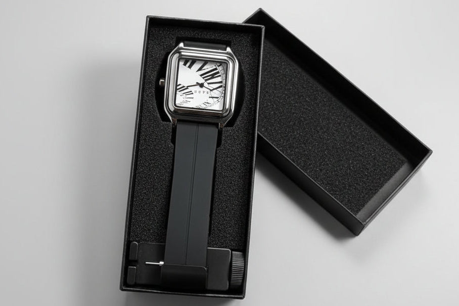 Black wristwatch with a white face in a black box held by a hand on a dark gray background
