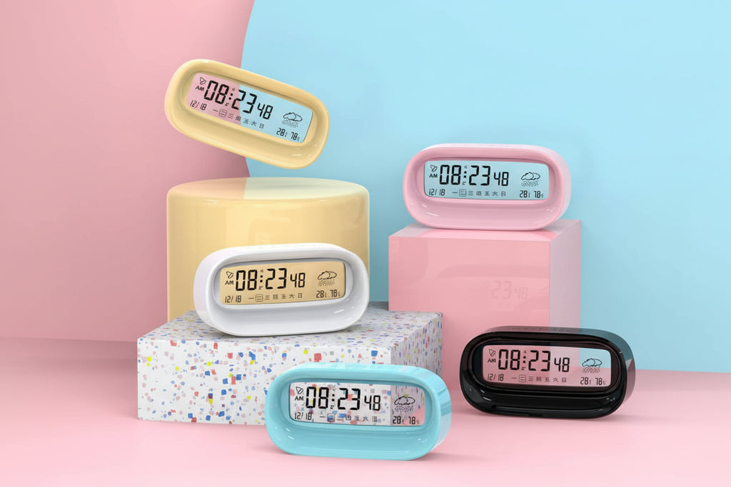 Set of colorful digital clocks on a pink and blue background with text in Chinese.