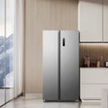Modern refrigerator in a kitchen setting with energy efficiency text
