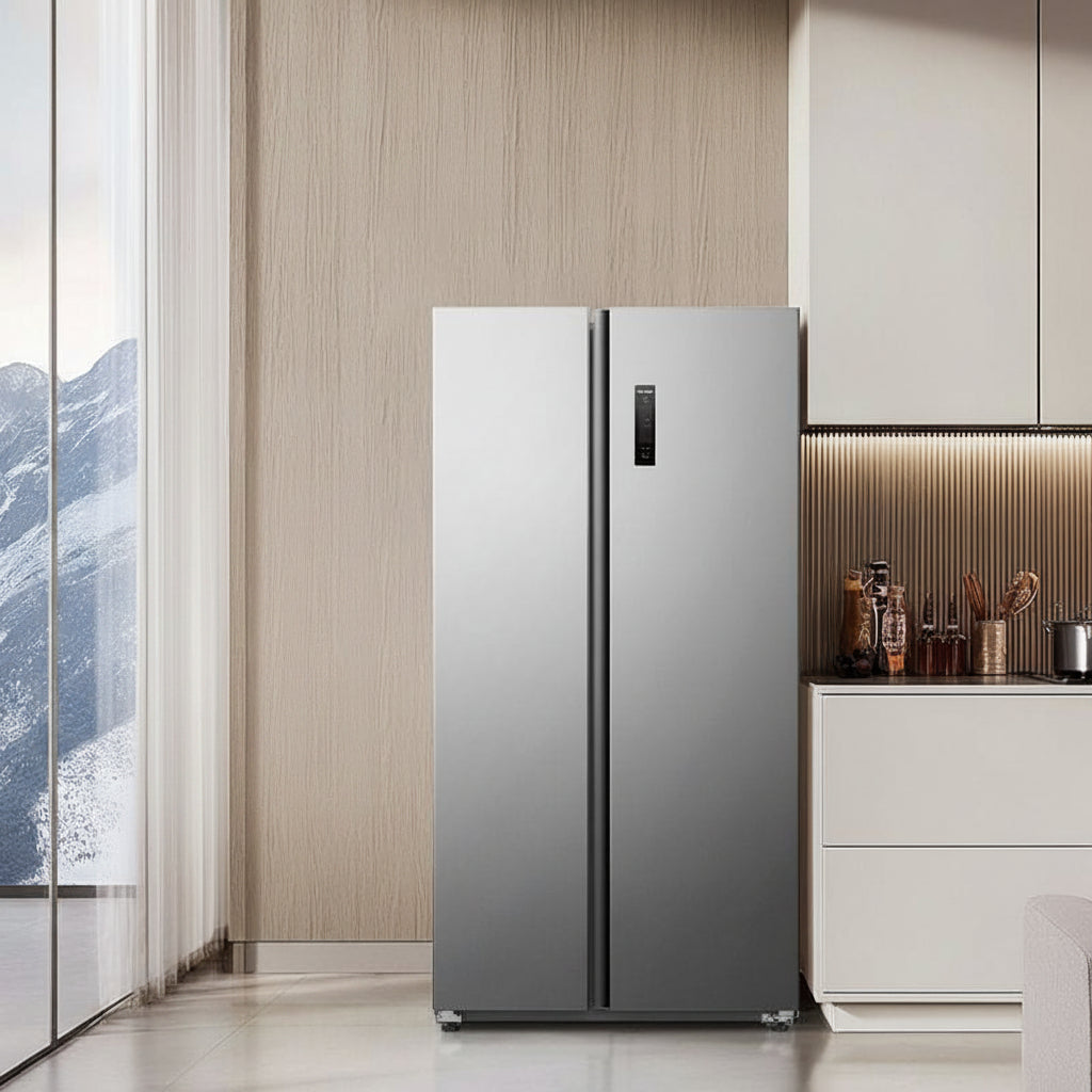 Modern refrigerator in a kitchen setting with energy efficiency text