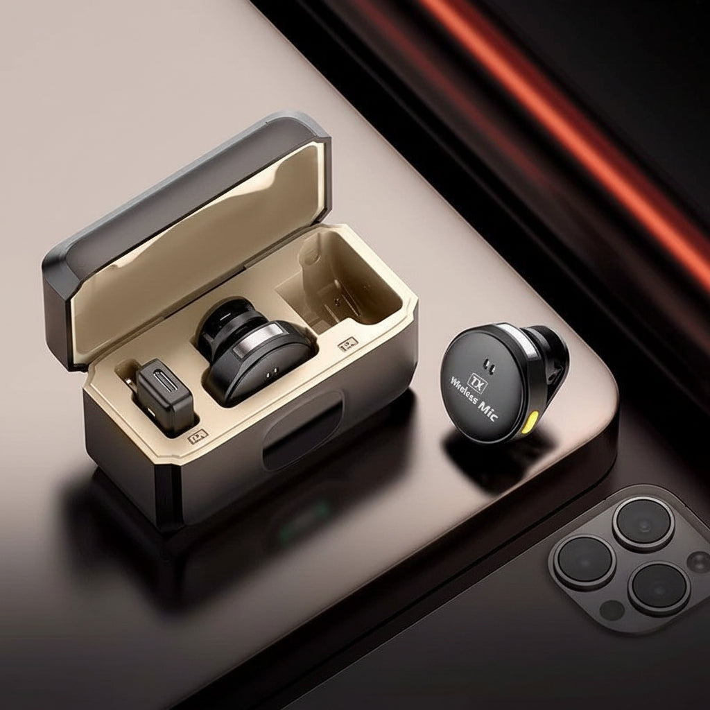 Wireless earbuds with charging case on a dark background